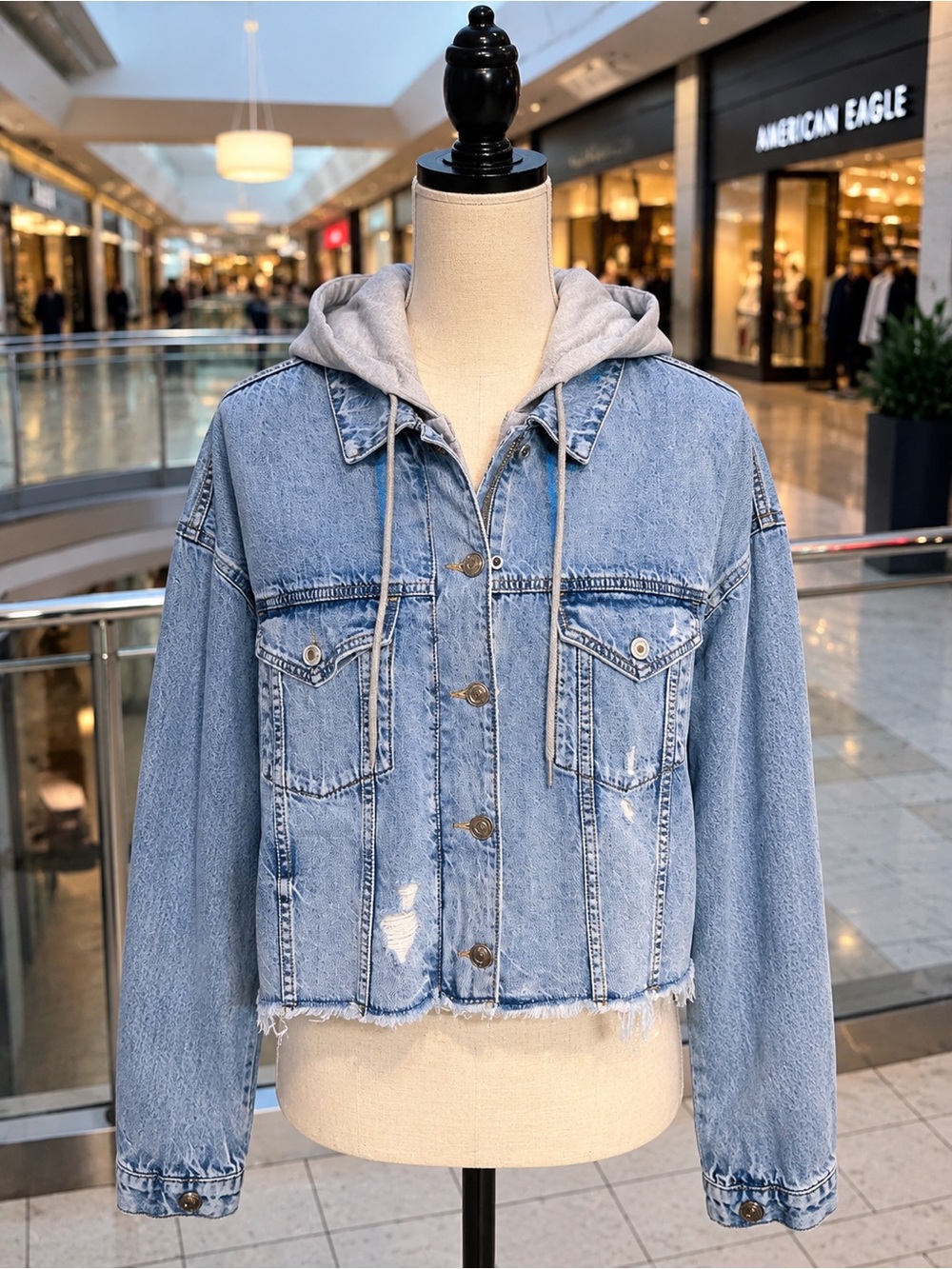 American Eagle Light Blue Denim Hooded Jacket - Women